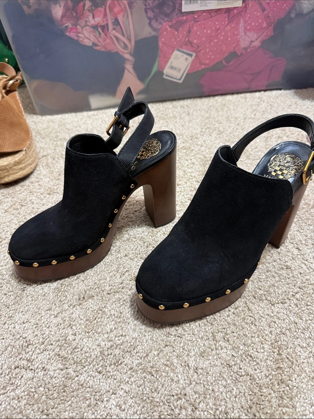 VINCE CAMUTO Black Suede Platform Slingback Heels with Wood-Tone Block Heel